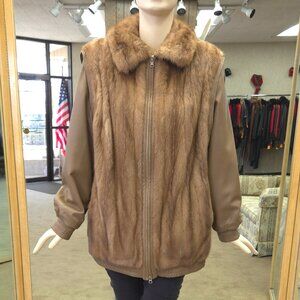 Vintage Mink Fur Zip Jacket with Leather Sleeves and Hem